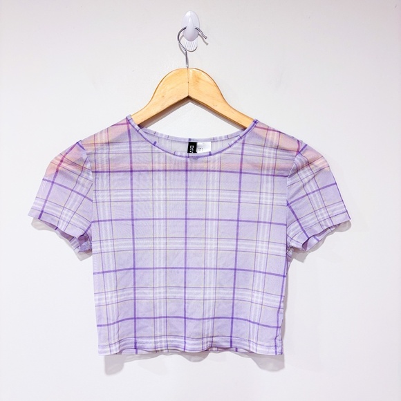 DIVIDED Purple Plaid Sheer Crop Top | Lightweight Mesh Tee * - Picture 2 of 7